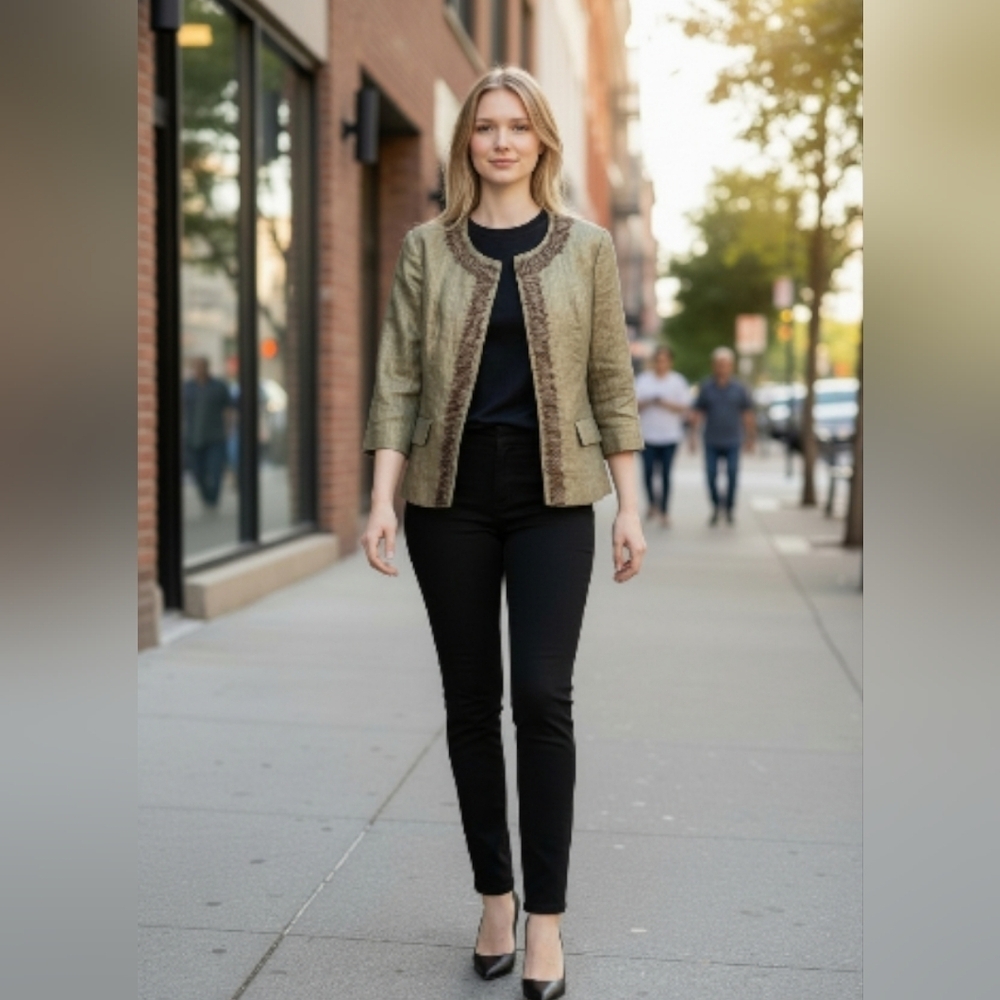 Chico's Elegamt Gold Shot Green Open Front Jacket Versatile Fashion Size 2 Med